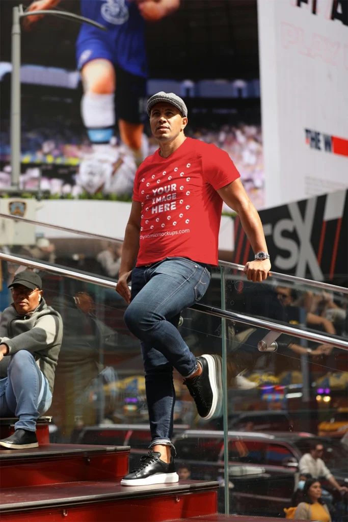 Man Wearing Red T-shirt Mockup Front View Template