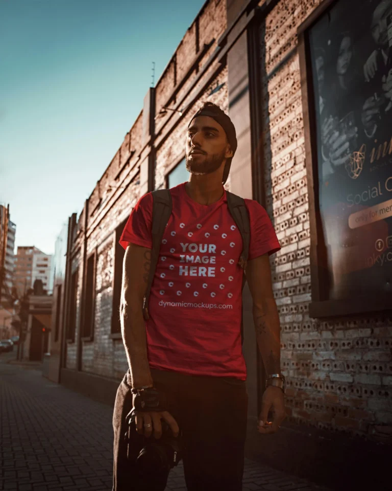 Man Wearing Red T-shirt Mockup Front View Template