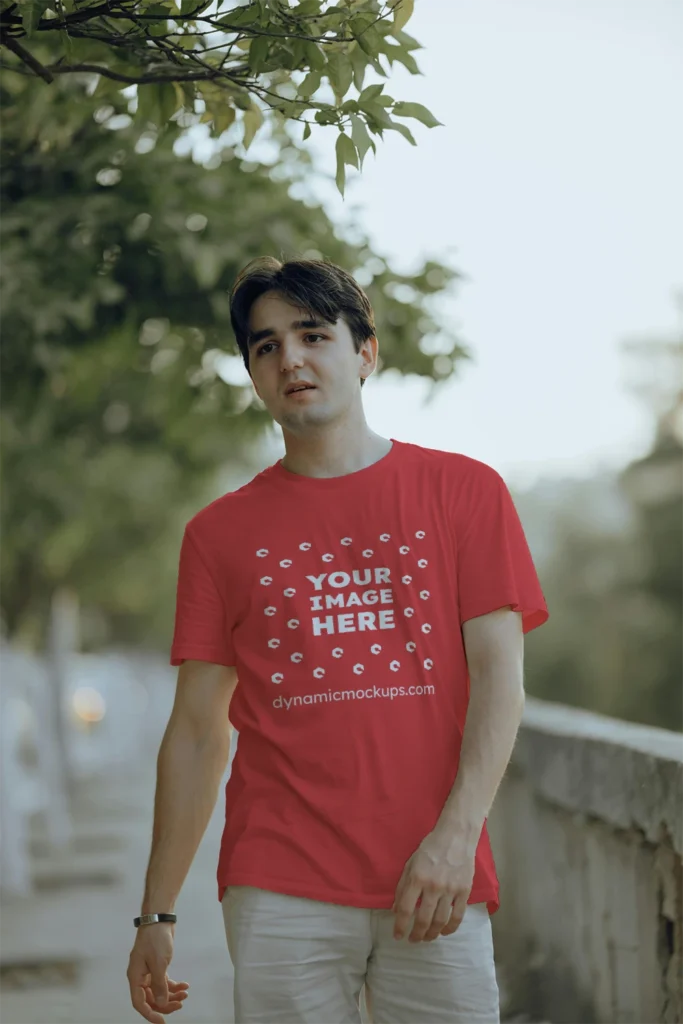 Man Wearing Red T-shirt Mockup Front View Template