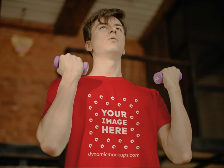 Man Wearing Red T-shirt Mockup Front View Template