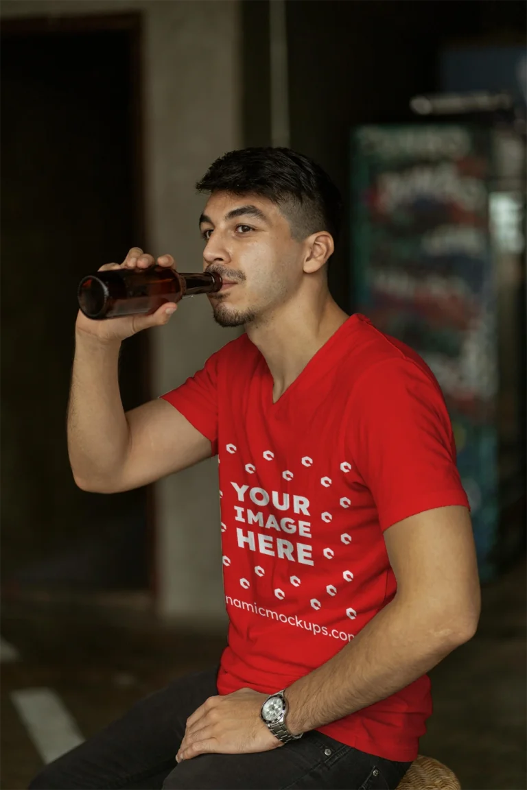 Man Wearing Red T-shirt Mockup Side View Template