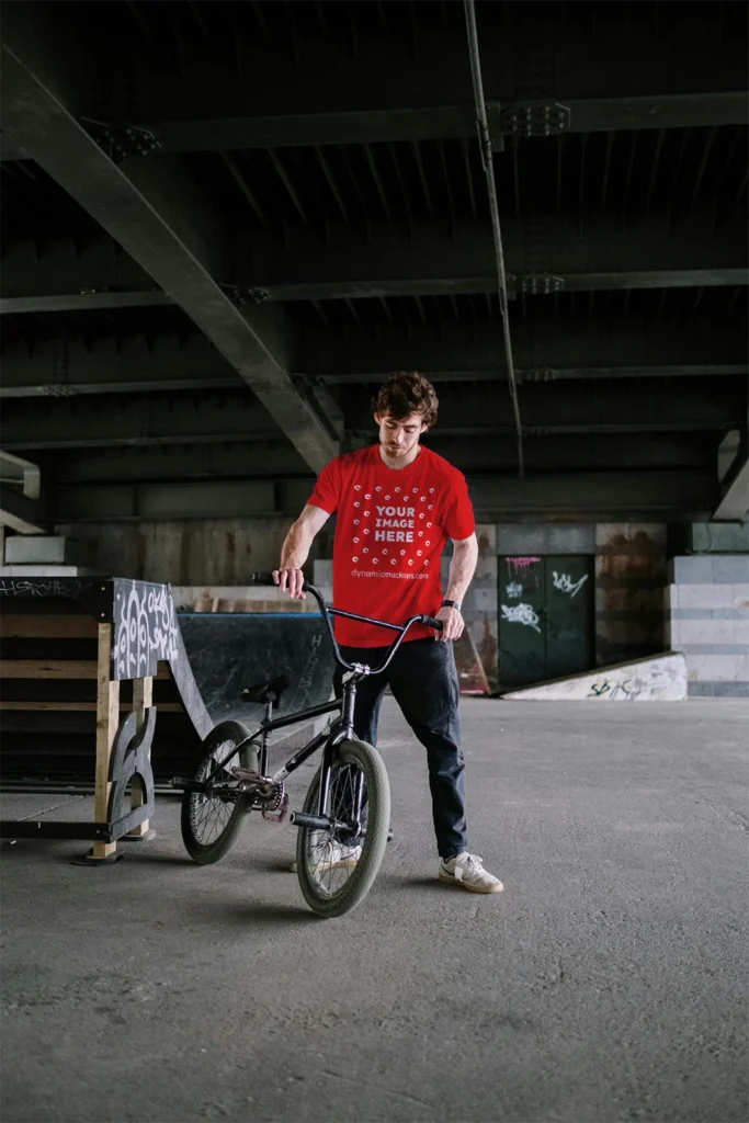 Man Wearing Red T-shirt Mockup Front View Template