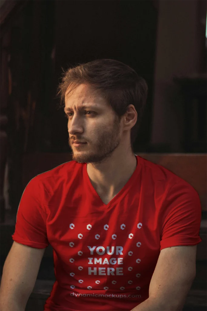 Man Wearing Red T-shirt Mockup Front View Template