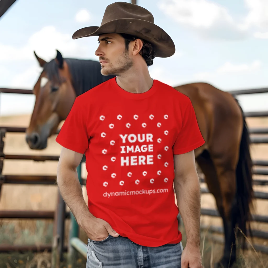 Man Wearing Red T-shirt Mockup Front View Template