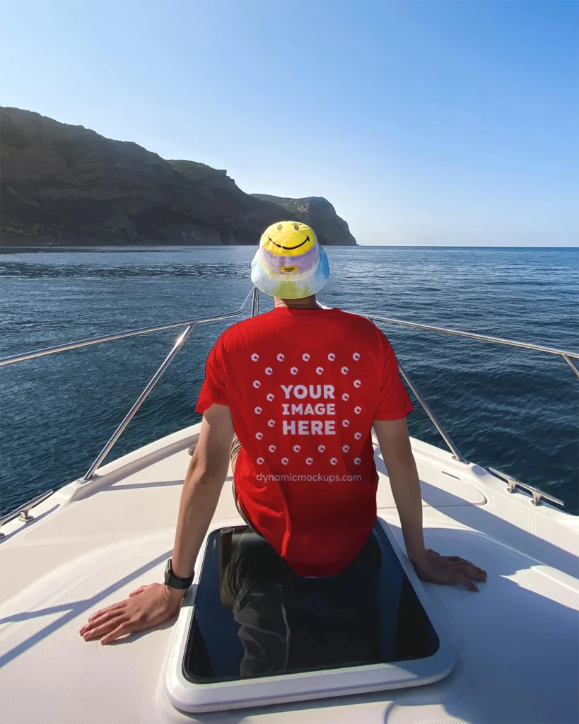 Man Wearing Red T-shirt Mockup Back View Template