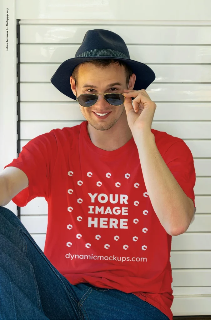 Man Wearing Red T-shirt Mockup Front View Template