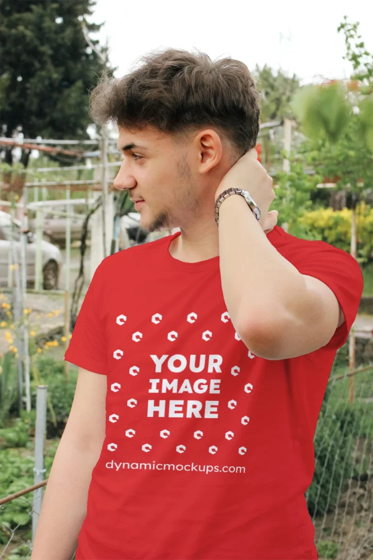 Man Wearing Red T-shirt Mockup Front View Template