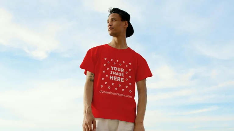 Man Wearing Red T-shirt Mockup Front View Template