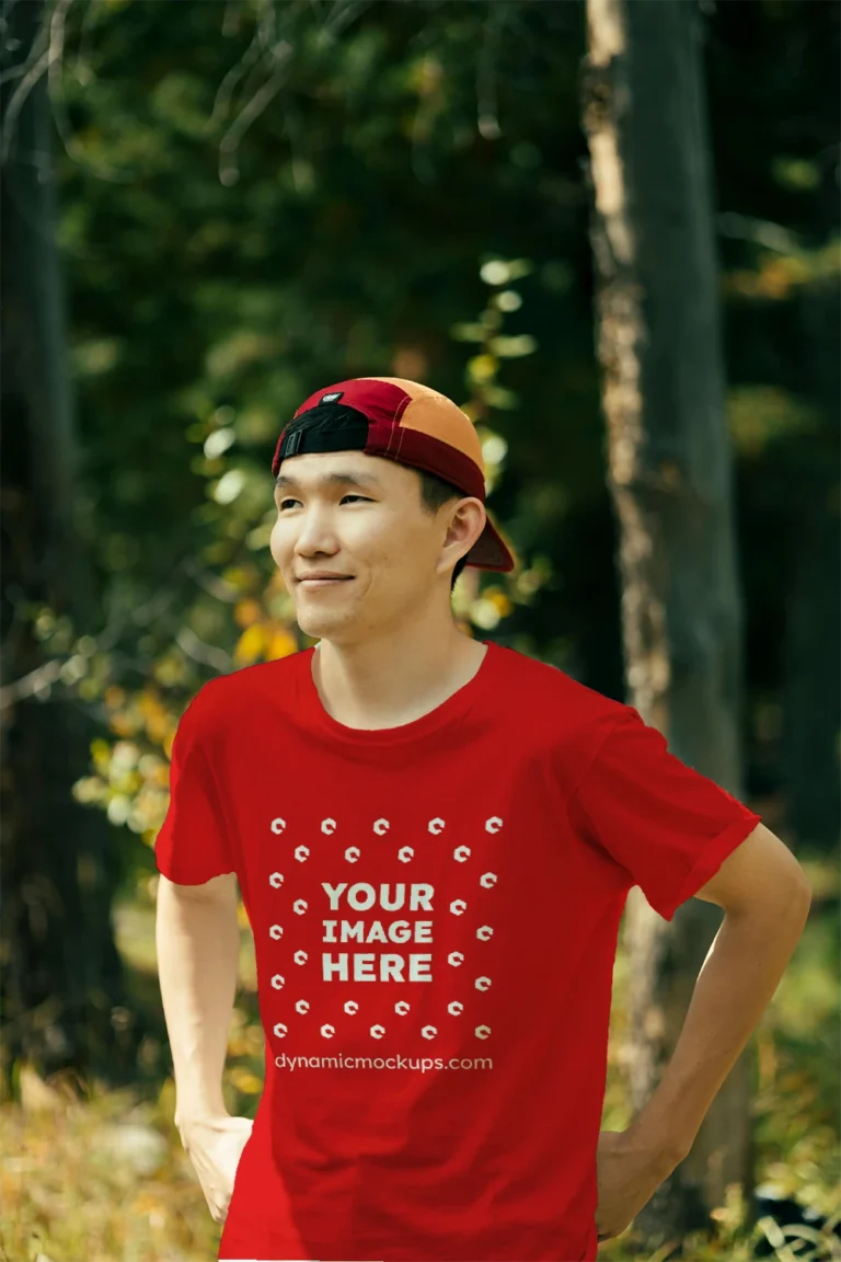 Man Wearing Red T-shirt Mockup Front View Template