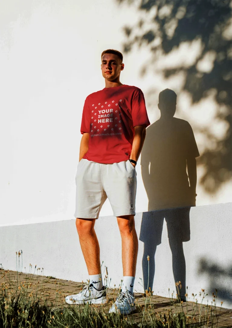 Man Wearing Red T-shirt Mockup Front View Template