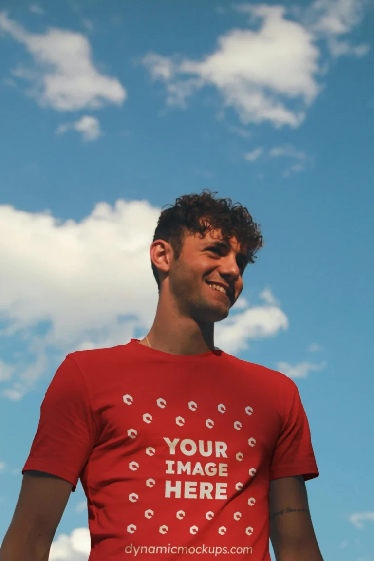 Man Wearing Red T-shirt Mockup Front View Template