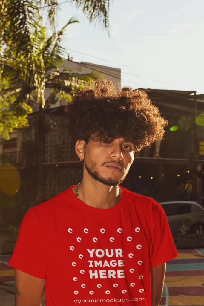 Man Wearing Red T-shirt Mockup Front View Template