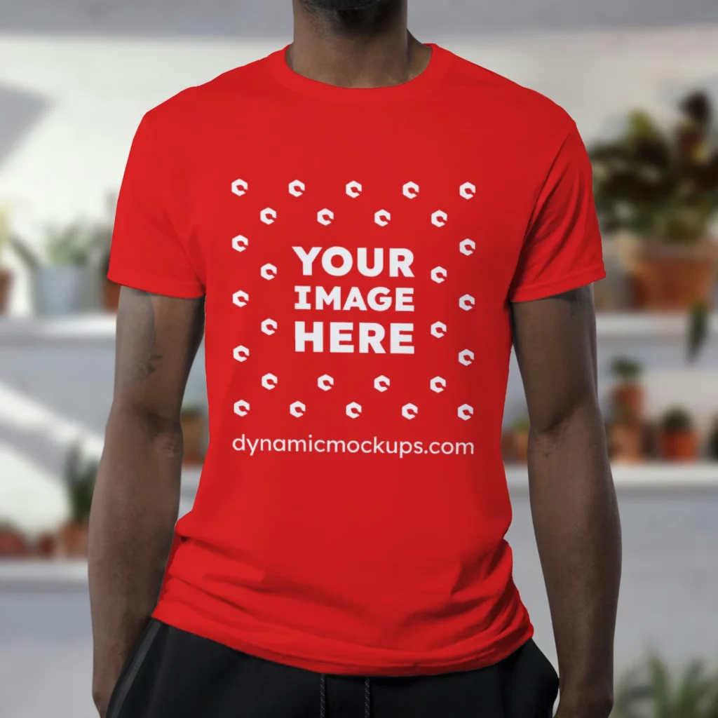 Man Wearing Red T-shirt Mockup Front View Template