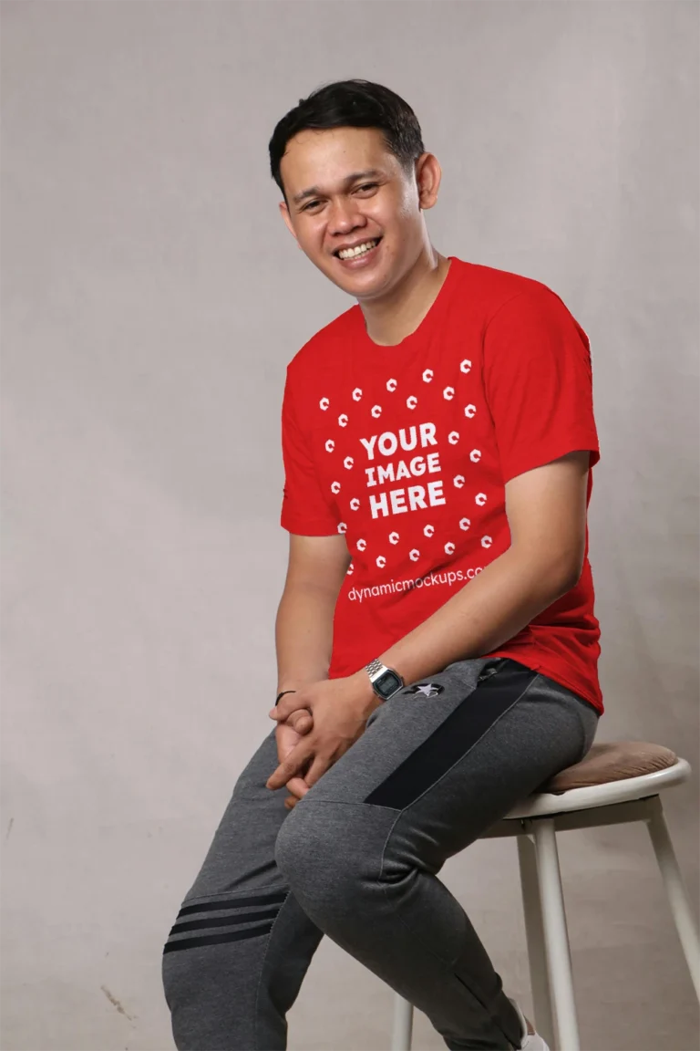 Man Wearing Red T-shirt Mockup Front View Template