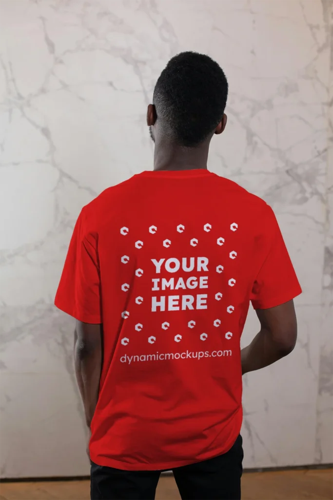 Man Wearing Red T-shirt Mockup Back View Template