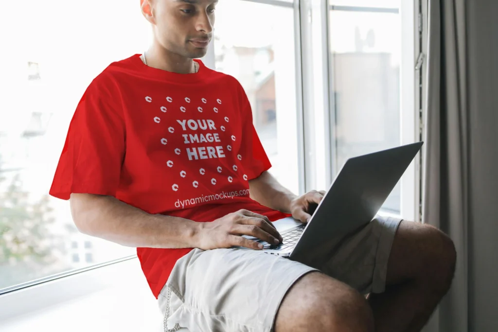 Man Wearing Red T-shirt Mockup Front View Template