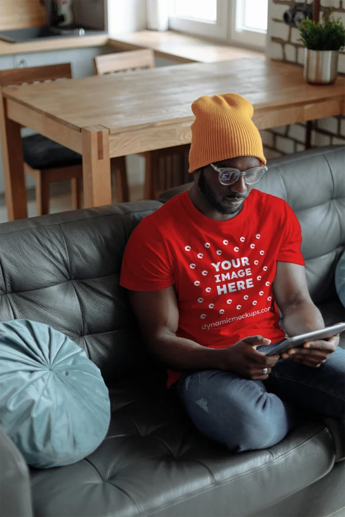 Man Wearing Red T-shirt Mockup Front View Template