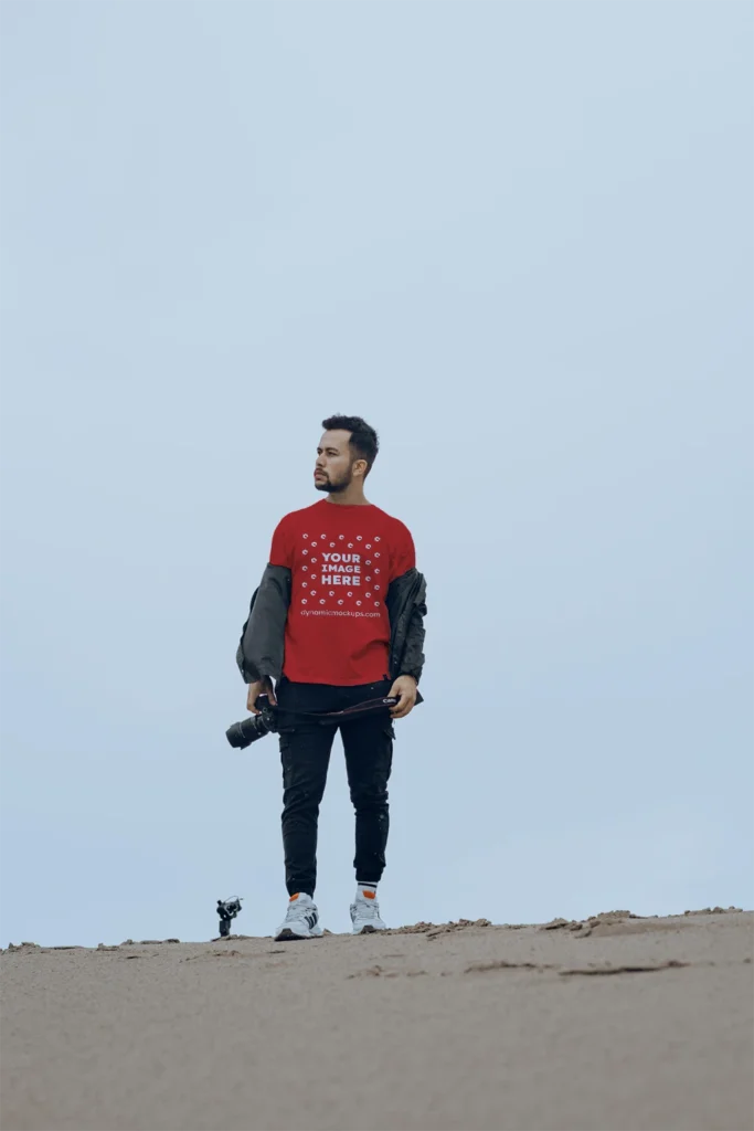 Man Wearing Red T-shirt Mockup Front View Template