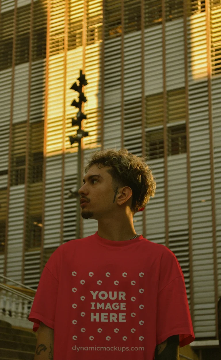 Man Wearing Red T-shirt Mockup Front View Template