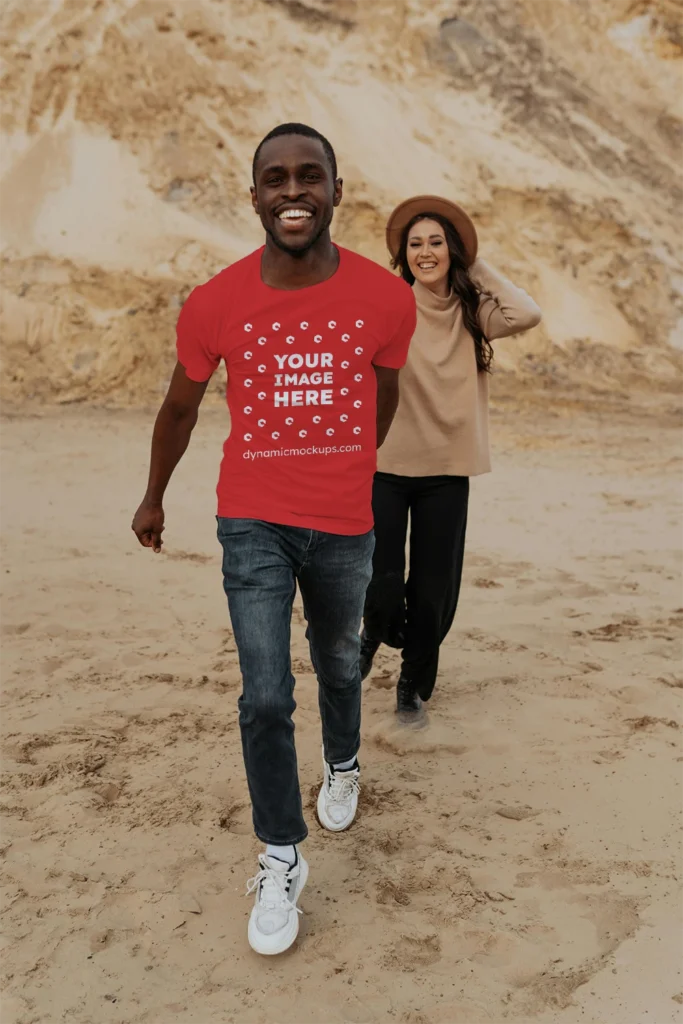 Man Wearing Red T-shirt Mockup Front View Template