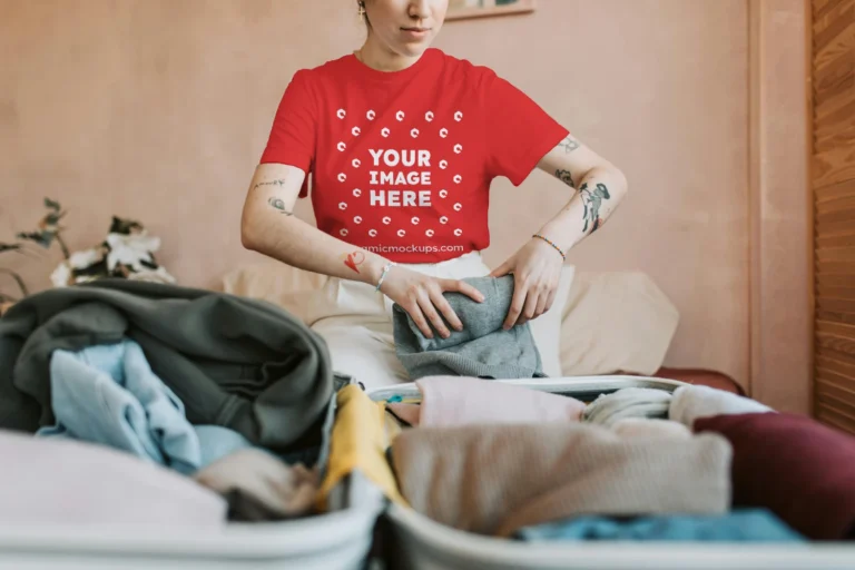 Man Wearing Red T-shirt Mockup Front View Template