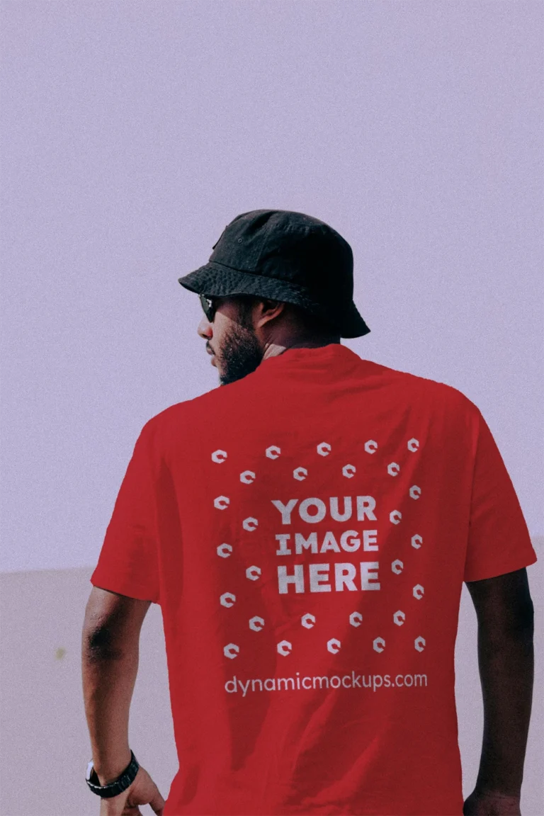 Man Wearing Red T-shirt Mockup Back View Template