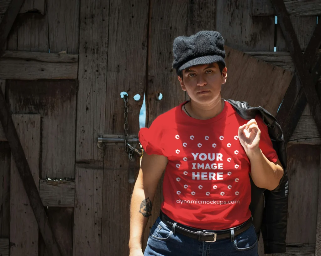 Man Wearing Red T-shirt Mockup Front View Template