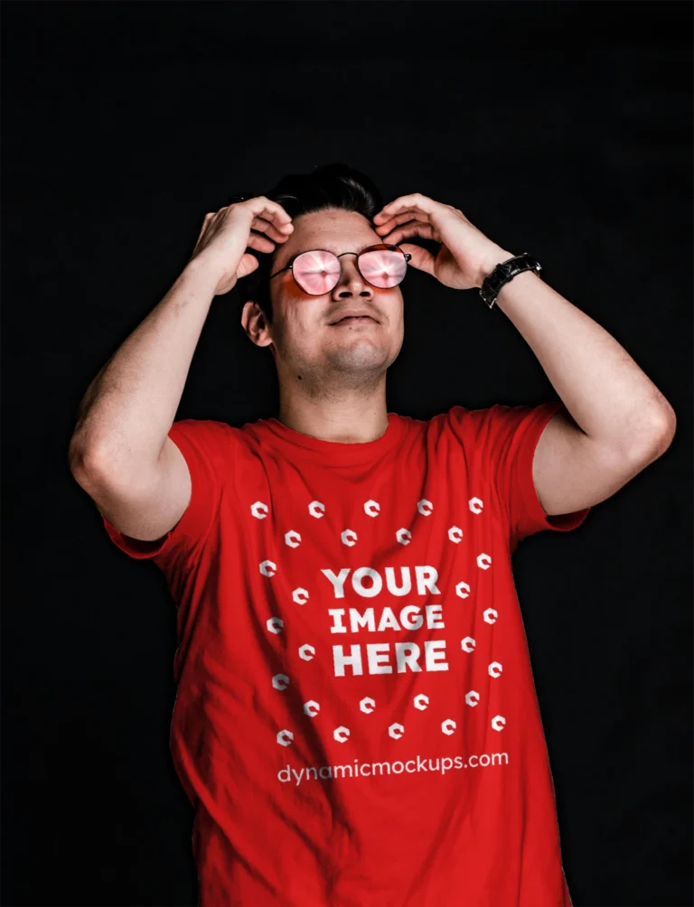 Man Wearing Red T-shirt Mockup Front View Template