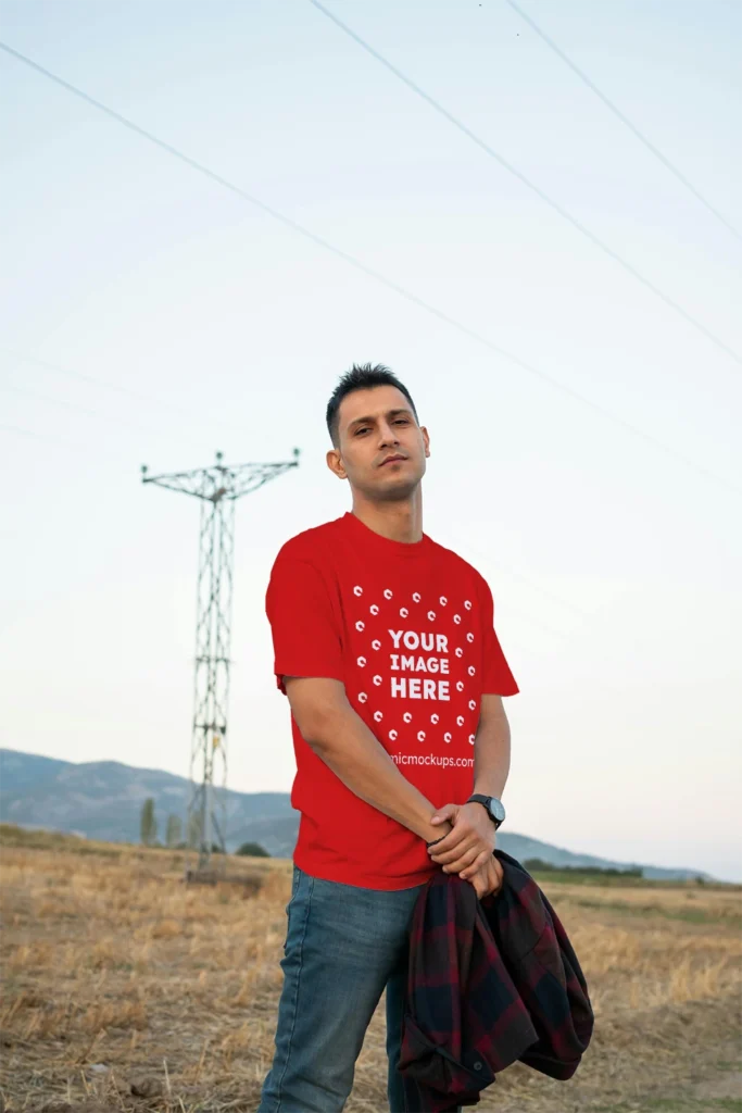 Man Wearing Red T-shirt Mockup Front View Template