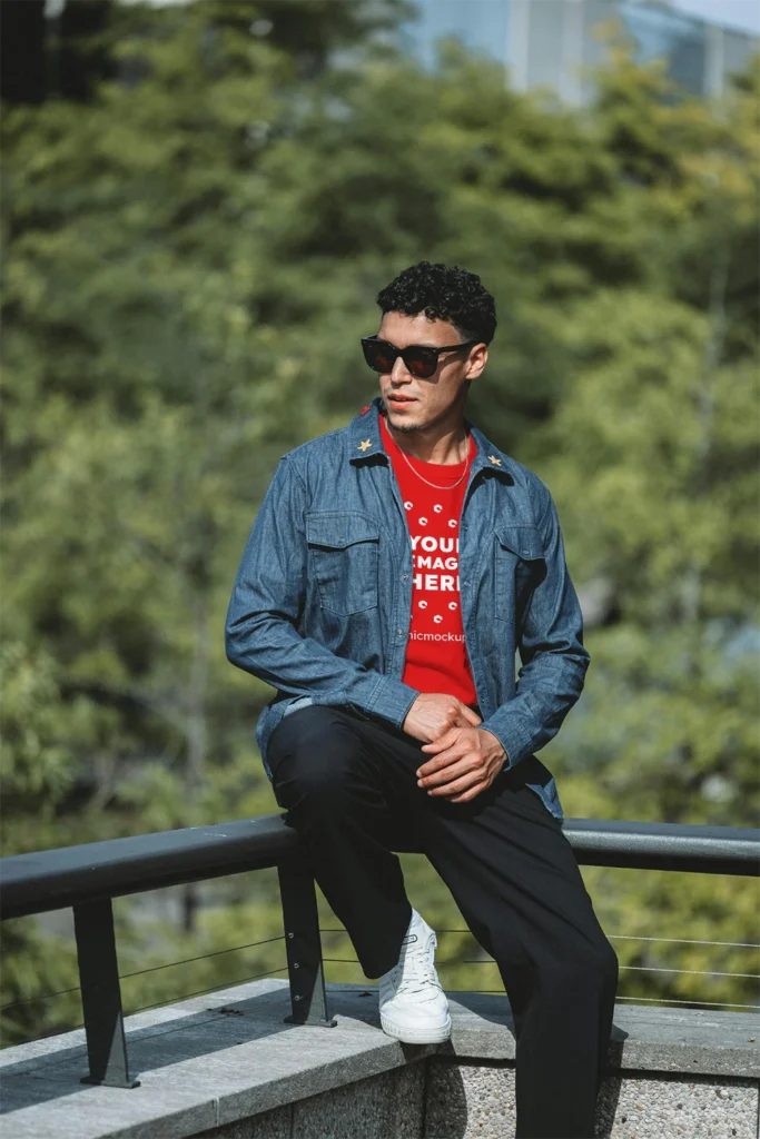 Man Wearing Red T-shirt Mockup Front View Template