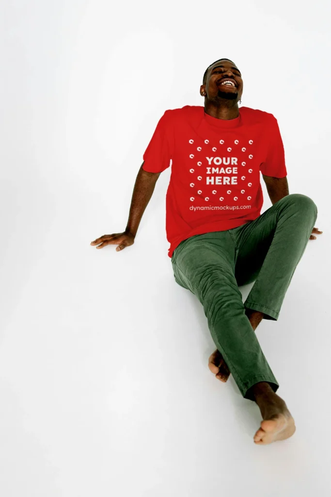 Man Wearing Red T-shirt Mockup Front View Template