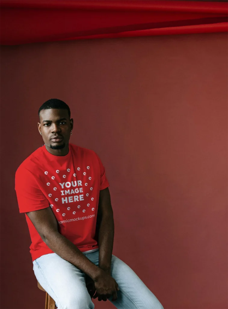 Man Wearing Red T-shirt Mockup Front View Template