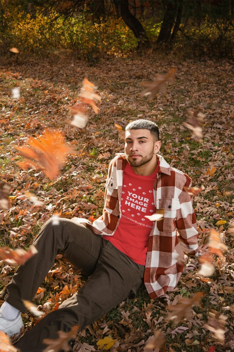 Man Wearing Red T-shirt Mockup Front View Template