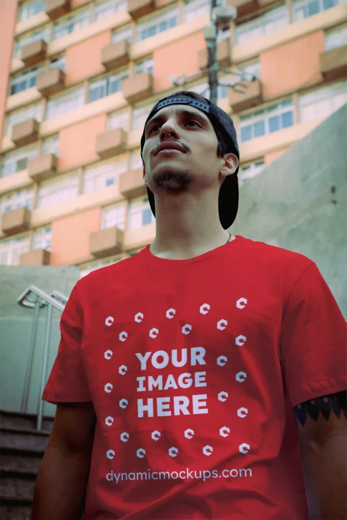 Man Wearing Red T-shirt Mockup Front View Template