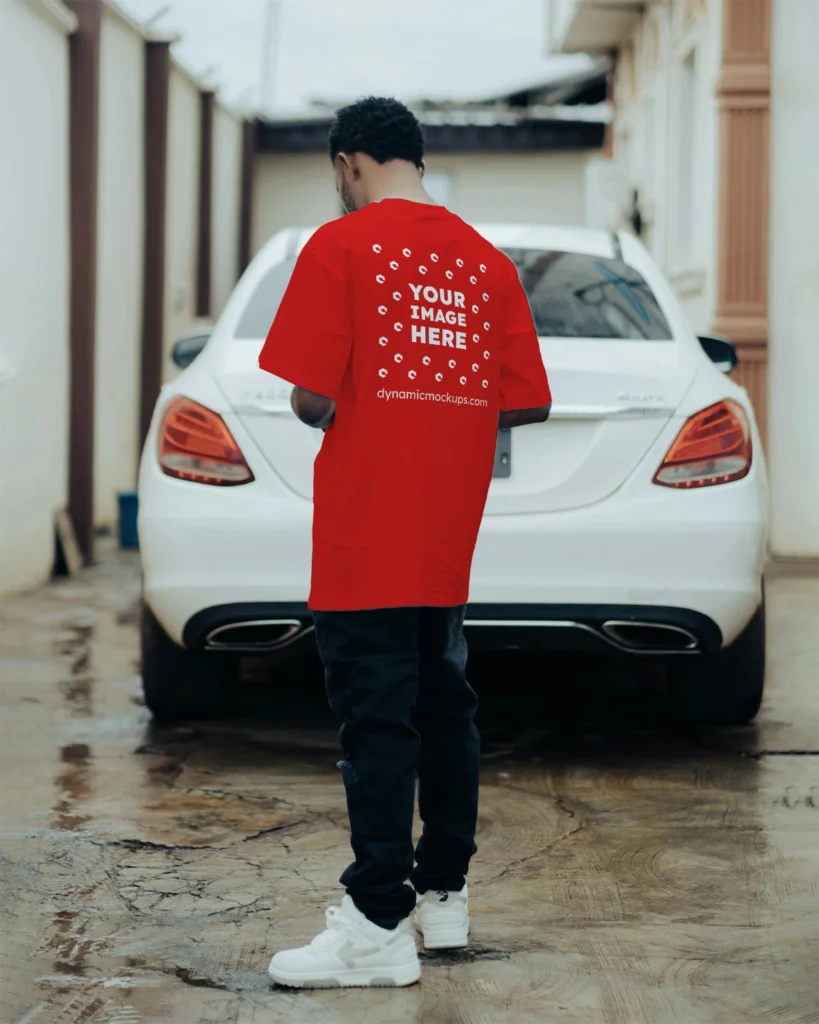 Man Wearing Red T-shirt Mockup Back View Template