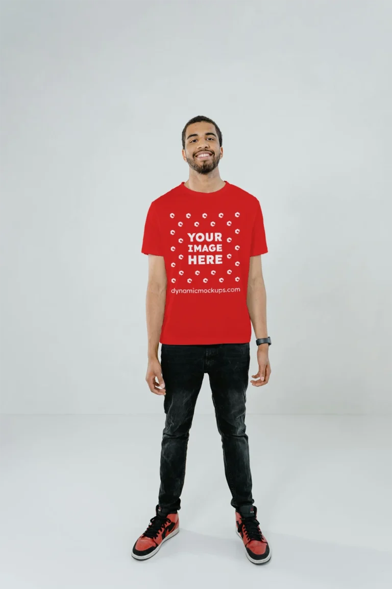 Man Wearing Red T-shirt Mockup Front View Template