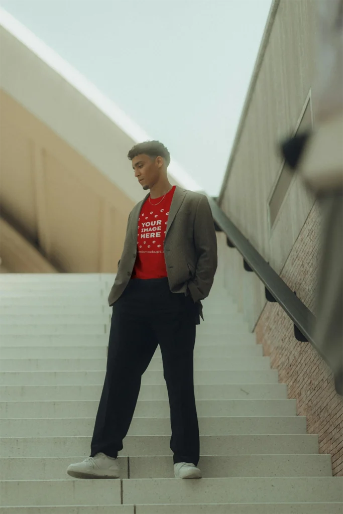 Man Wearing Red T-shirt Mockup Front View Template