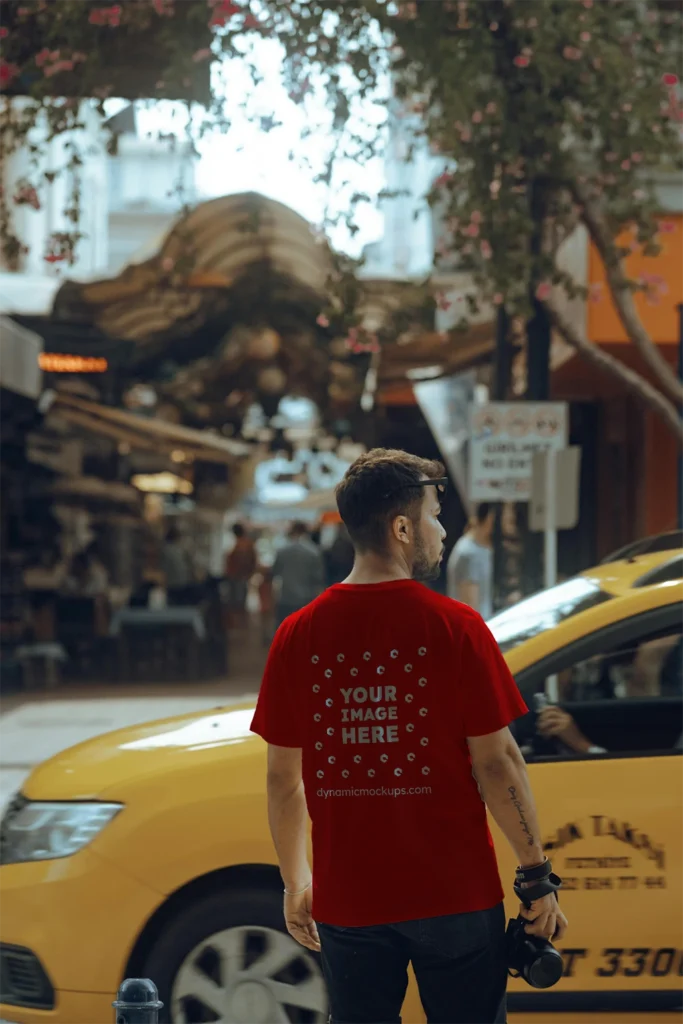 Man Wearing Red T-shirt Mockup Back View Template