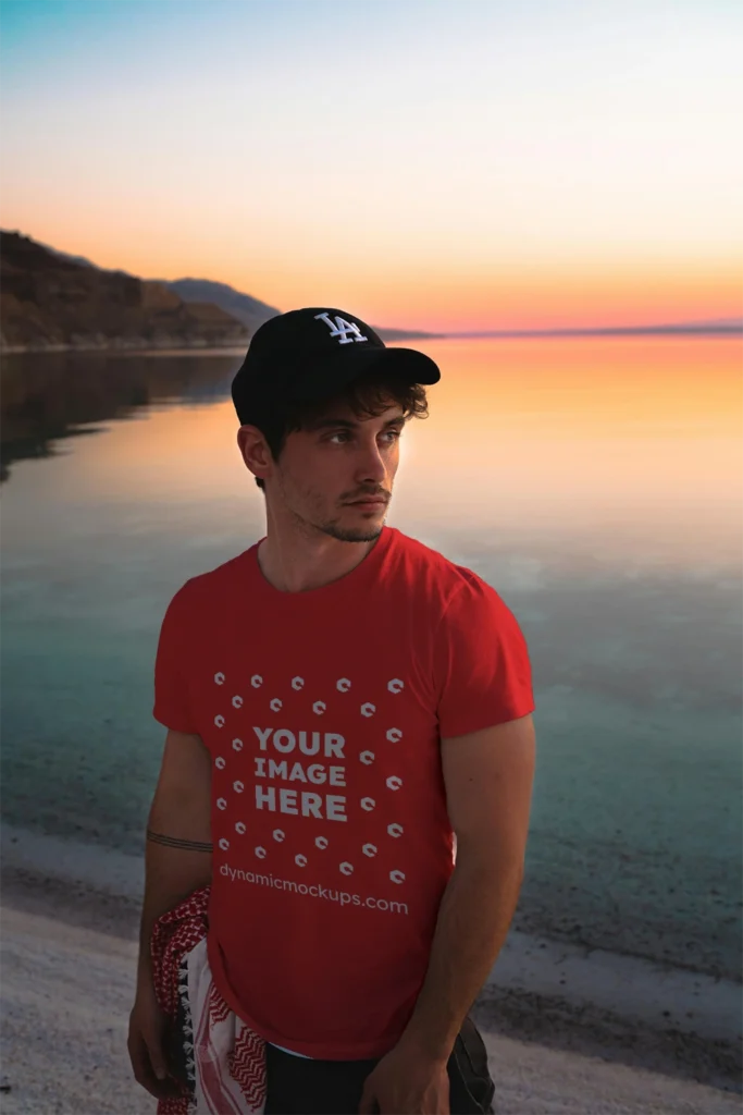 Man Wearing Red T-shirt Mockup Front View Template