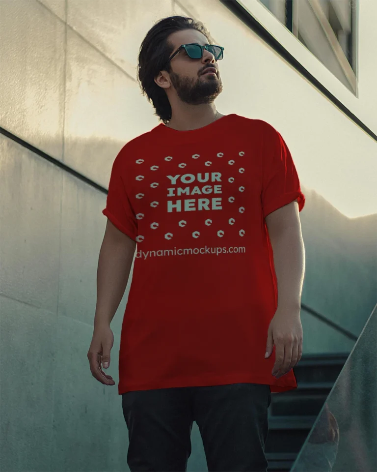 Man Wearing Red T-shirt Mockup Front View Template