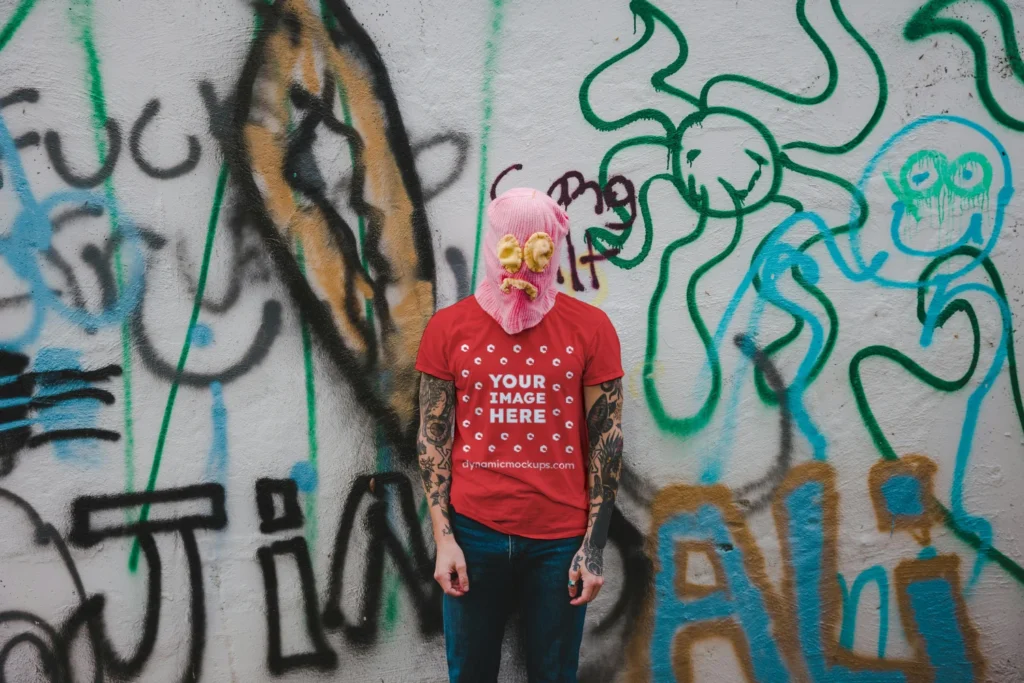 Man Wearing Red T-shirt Mockup Front View Template