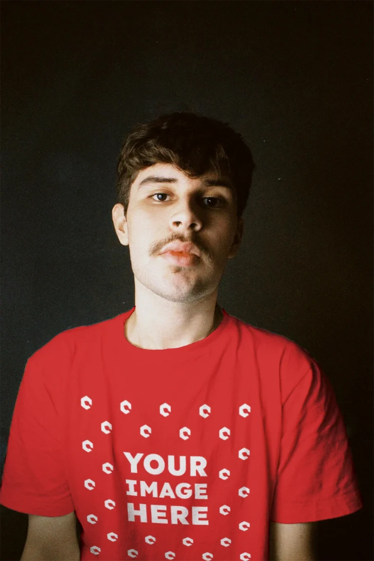 Man Wearing Red T-shirt Mockup Front View Template