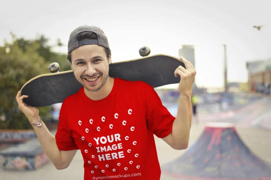 Man Wearing Red T-shirt Mockup Front View Template