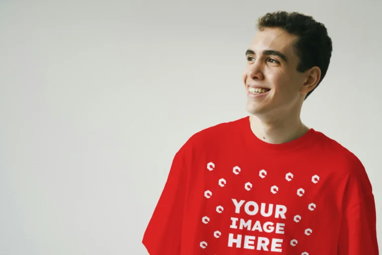 Man Wearing Red T-shirt Mockup Front View Template