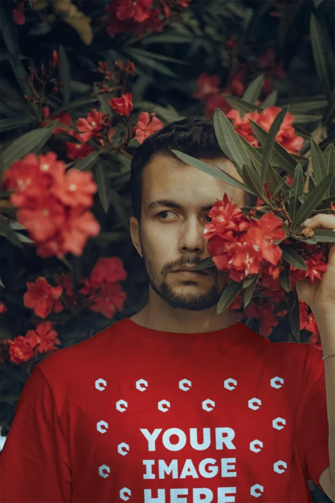 Man Wearing Red T-shirt Mockup Front View Template