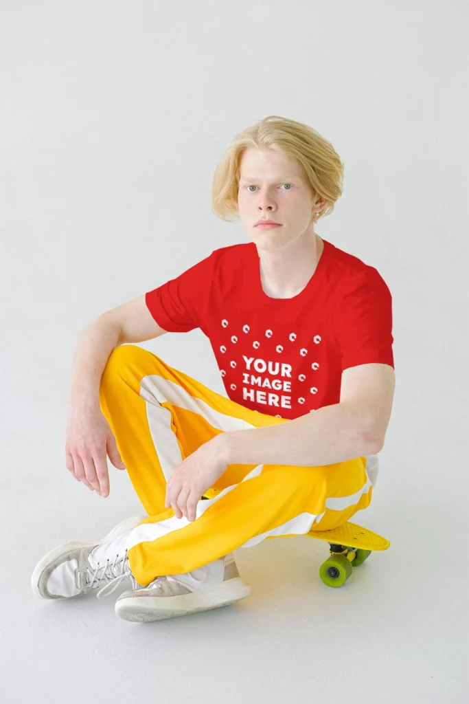 Man Wearing Red T-shirt Mockup Front View Template