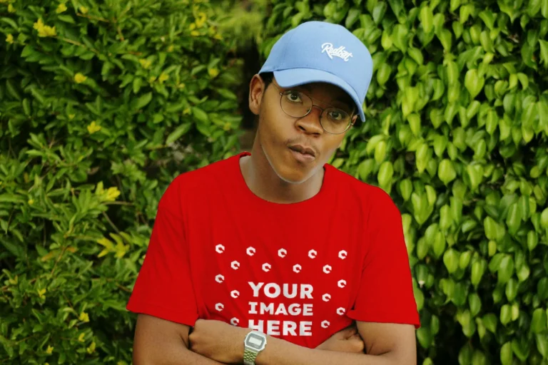 Man Wearing Red T-shirt Mockup Front View Template