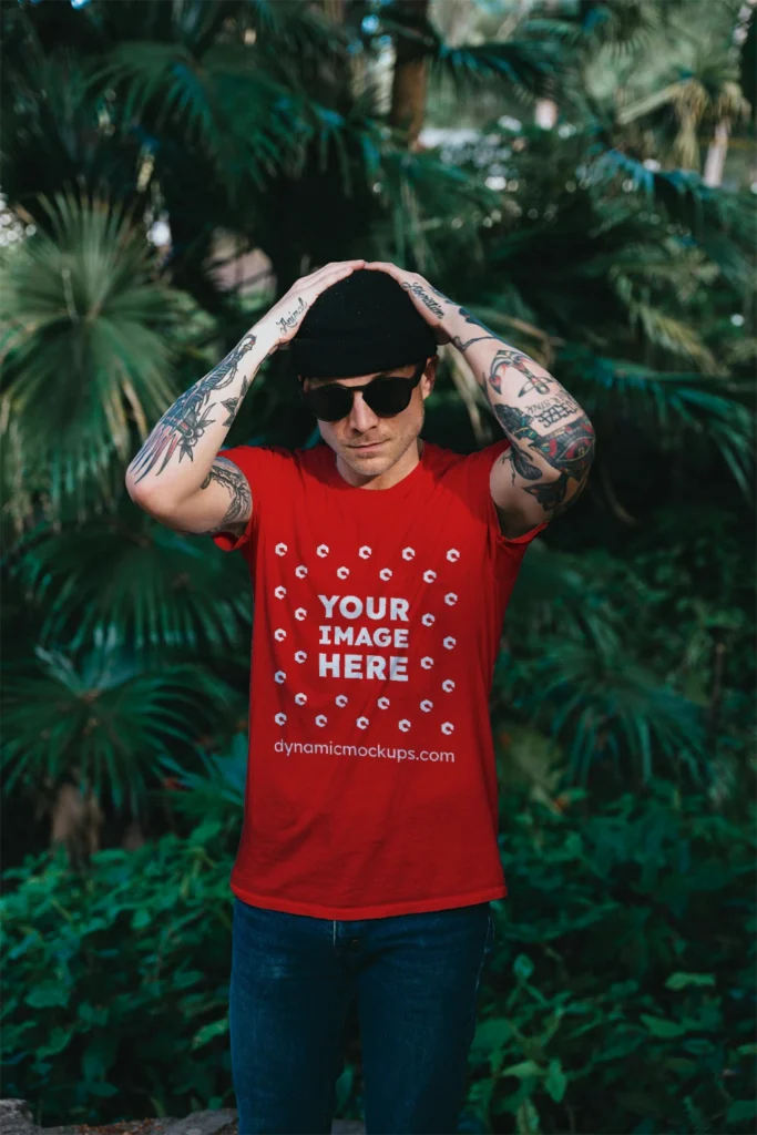 Man Wearing Red T-shirt Mockup Front View Template