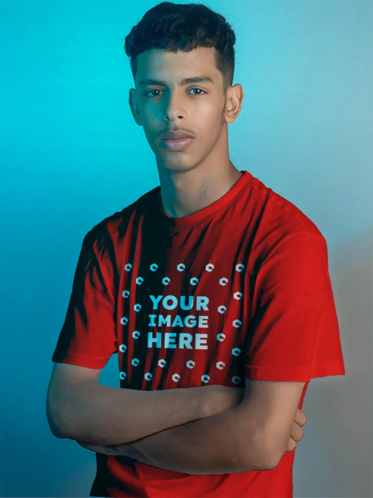 Man Wearing Red T-shirt Mockup Front View Template