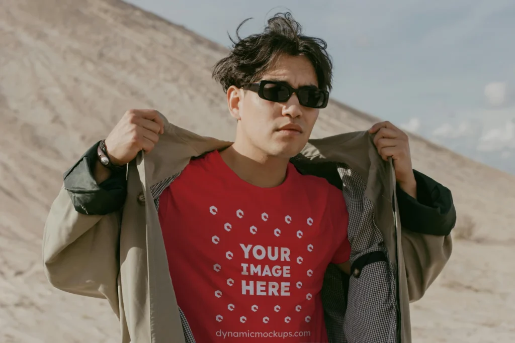 Man Wearing Red T-shirt Mockup Front View Template